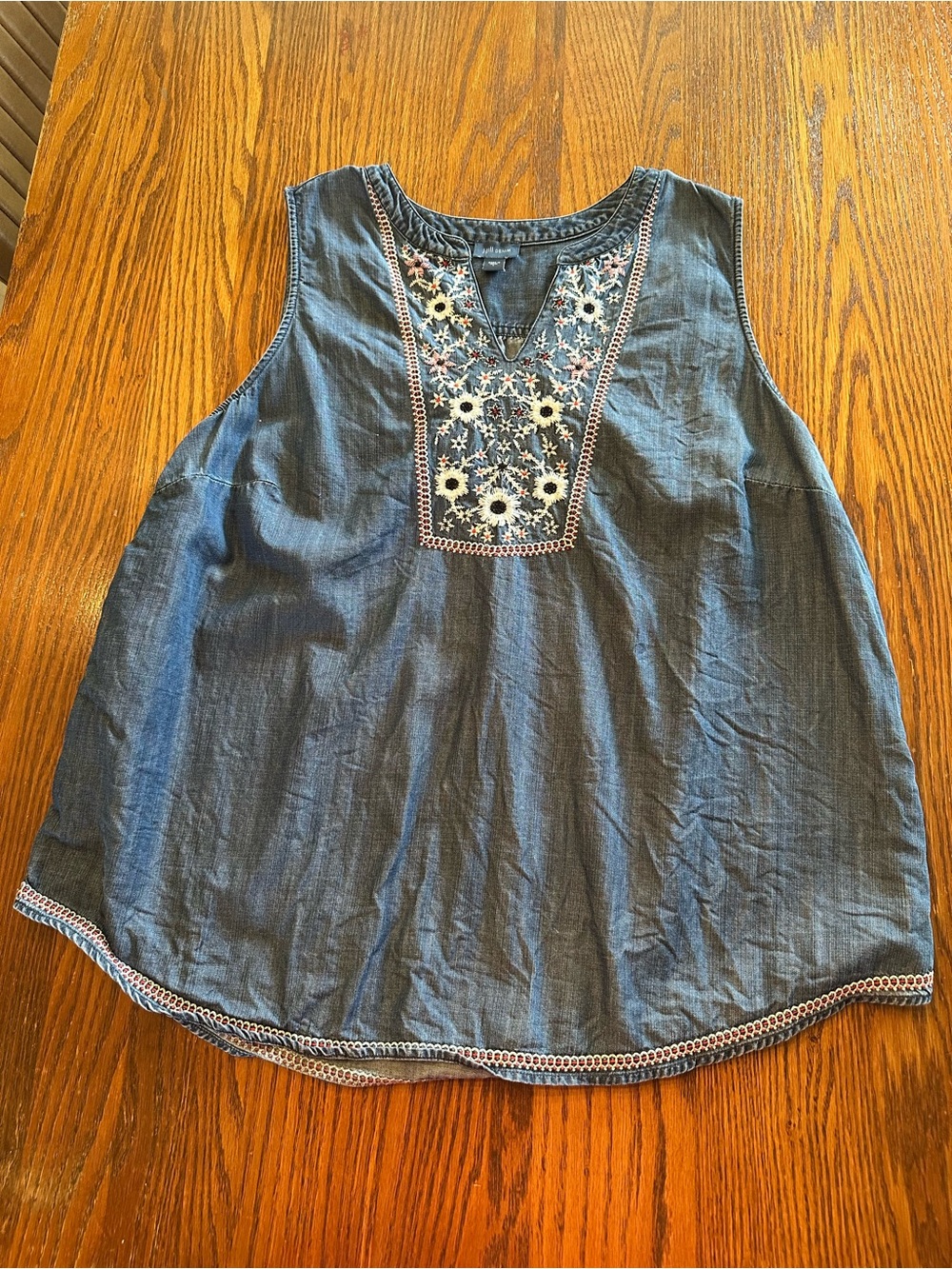 J Jill Sleeveless Embroidered Denim Sleeveless Top - Blue